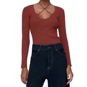 Zara ribbed knit long sleeve cross tie top Terracotta Medium